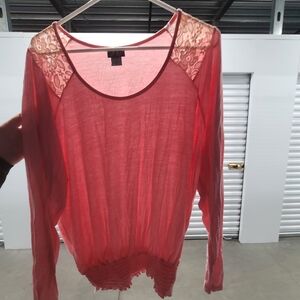 Dots Sheer Pink Long Sleeve Top with Lace Shoulders